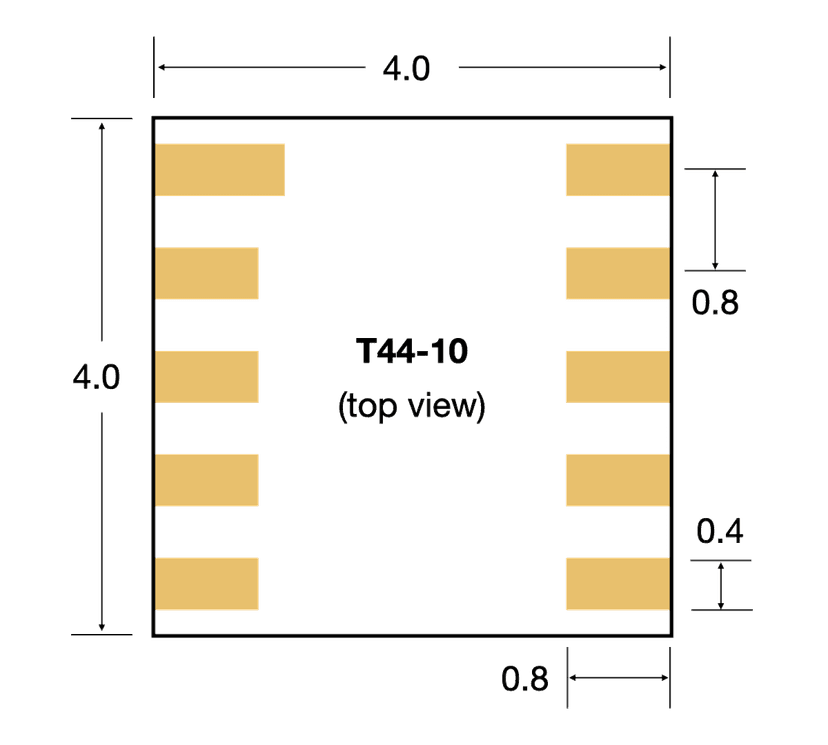 T44 package drawing — 4.0 × 4.0 mm, 10 pads, 0.8 mm pitch